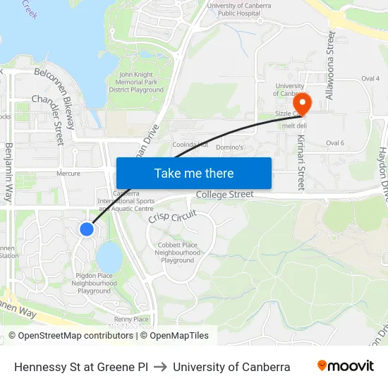 Hennessy St at Greene Pl to University of Canberra map