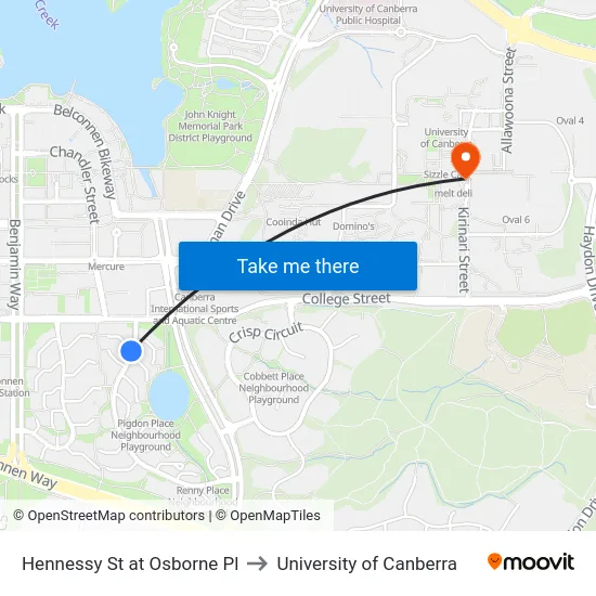 Hennessy St at Osborne Pl to University of Canberra map