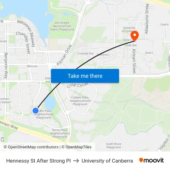 Hennessy St After Strong Pl to University of Canberra map