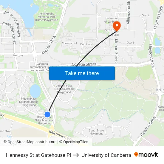 Hennessy St at Gatehouse Pl to University of Canberra map