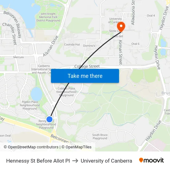 Hennessy St Before Allot Pl to University of Canberra map