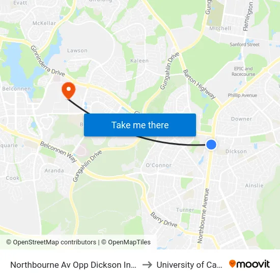 Northbourne Av Opp Dickson Interchange to University of Canberra map