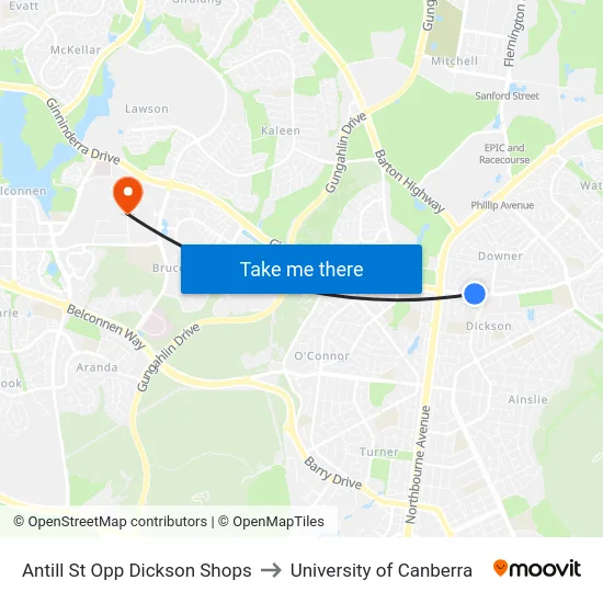 Antill St Opp Dickson Shops to University of Canberra map
