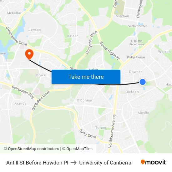 Antill St Before Hawdon Pl to University of Canberra map