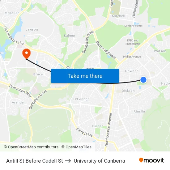 Antill St Before Cadell St to University of Canberra map