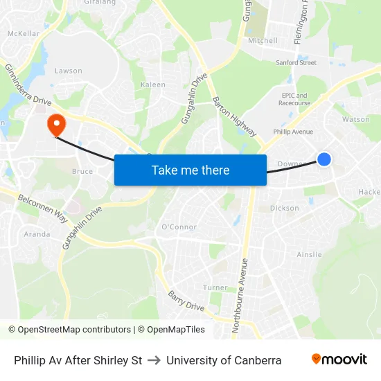 Phillip Av After Shirley St to University of Canberra map