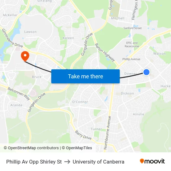 Phillip Av Opp Shirley St to University of Canberra map