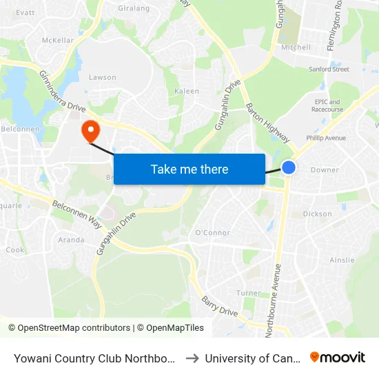 Yowani Country Club Northbourne Av to University of Canberra map