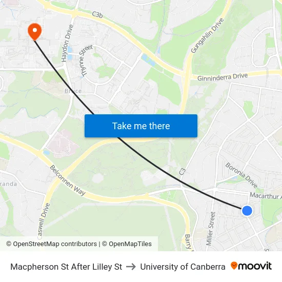 Macpherson St After Lilley St to University of Canberra map