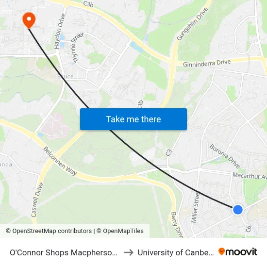 O'Connor Shops Macpherson St to University of Canberra map