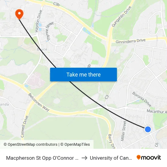 Macpherson St Opp O'Connor Shops to University of Canberra map