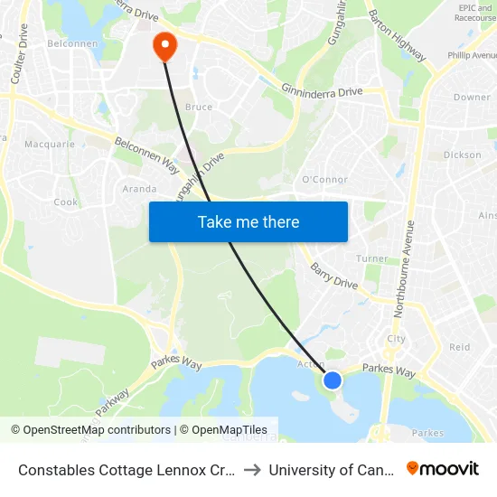 Constables Cottage Lennox Crossing to University of Canberra map