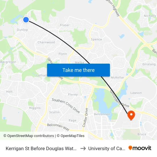 Kerrigan St Before Douglas Waterhouse Dr to University of Canberra map