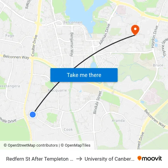 Redfern St After Templeton St to University of Canberra map
