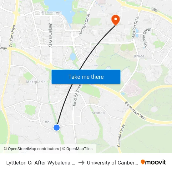 Lyttleton Cr After Wybalena Gr to University of Canberra map
