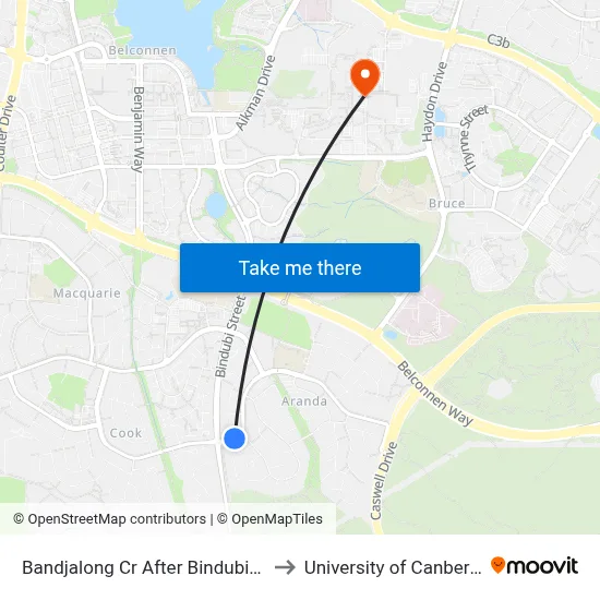 Bandjalong Cr After Bindubi St to University of Canberra map