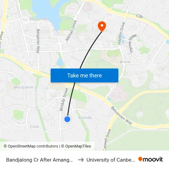 Bandjalong Cr After Amangu St to University of Canberra map
