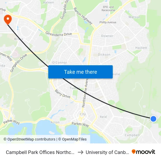 Campbell Park Offices Northcott Dr to University of Canberra map