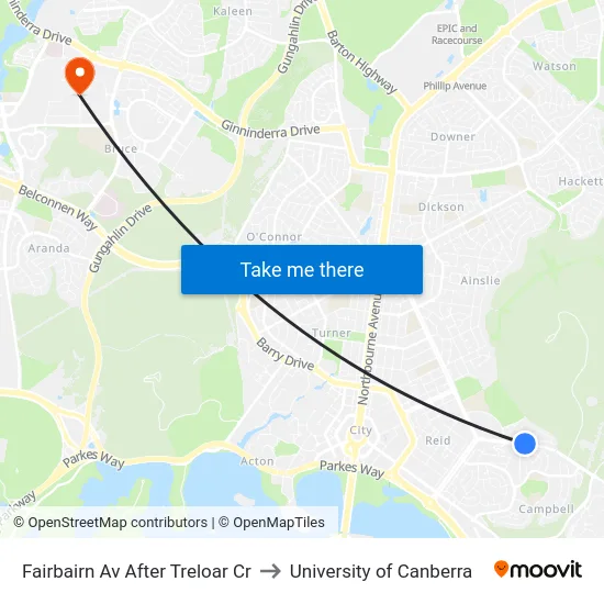 Fairbairn Av After Treloar Cr to University of Canberra map