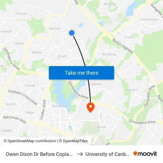 Owen Dixon Dr Before Copland Dr to University of Canberra map