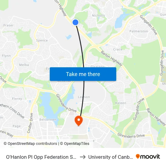 O'Hanlon Pl Opp Federation Square to University of Canberra map