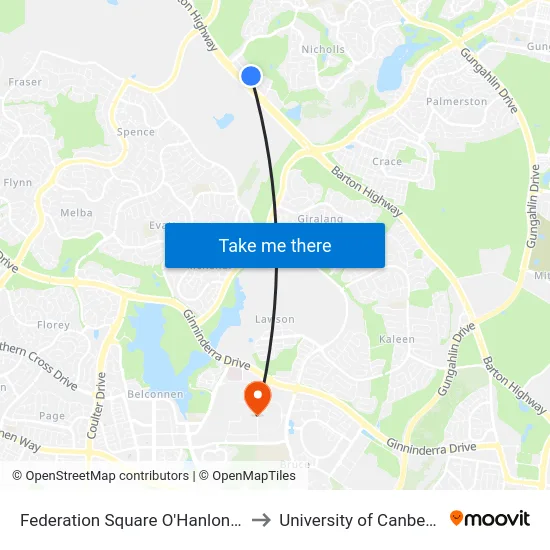 Federation Square O'Hanlon Pl to University of Canberra map