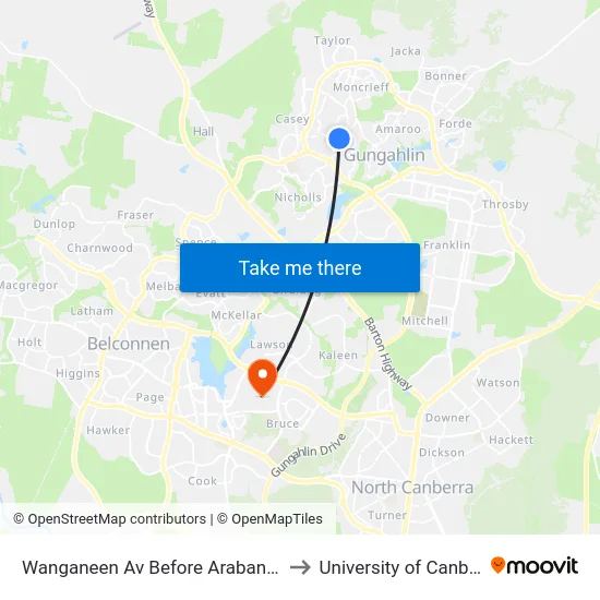 Wanganeen Av Before Arabanoo Cr to University of Canberra map