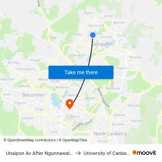 Unaipon Av After Ngunnawal Ps to University of Canberra map