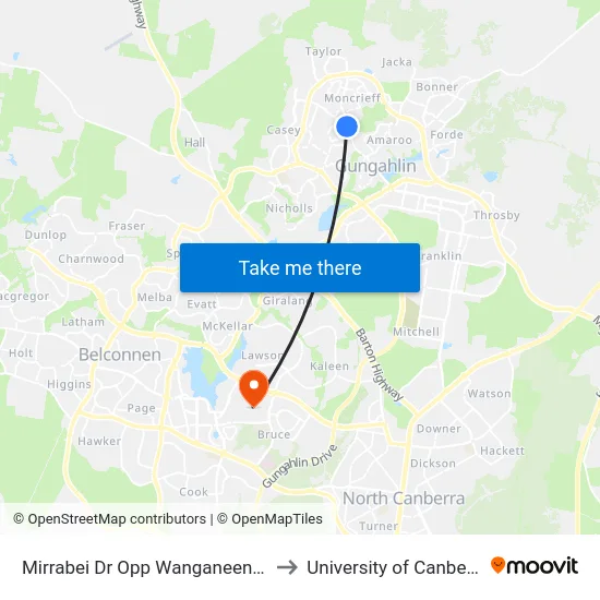 Mirrabei Dr Opp Wanganeen Av to University of Canberra map