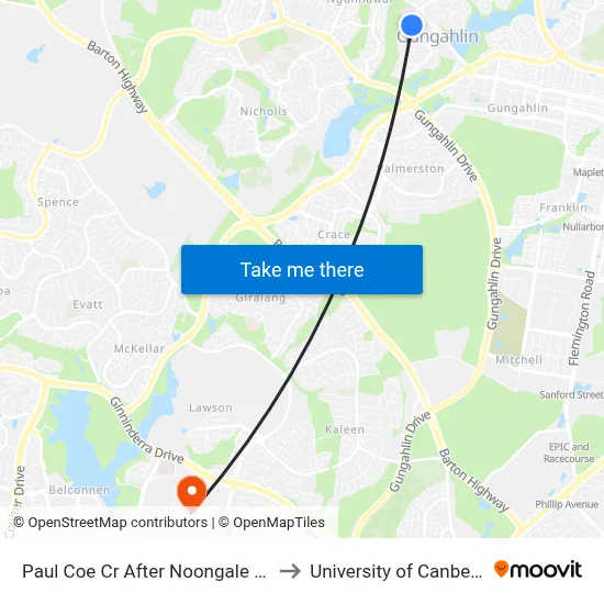 Paul Coe Cr After Noongale Cct to University of Canberra map
