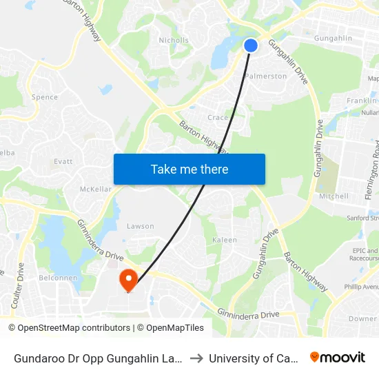 Gundaroo Dr Opp Gungahlin Lakes Club to University of Canberra map