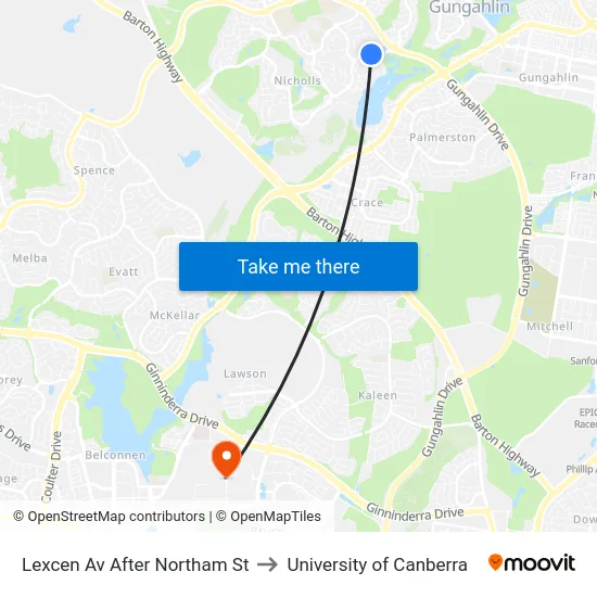 Lexcen Av After Northam St to University of Canberra map