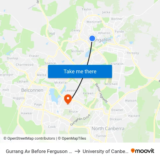 Gurrang Av Before Ferguson Cct to University of Canberra map