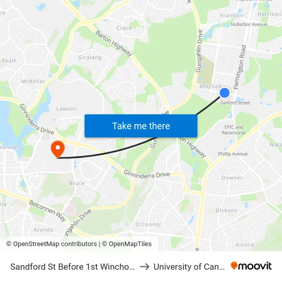 Sandford St Before 1st Winchombe Ct to University of Canberra map