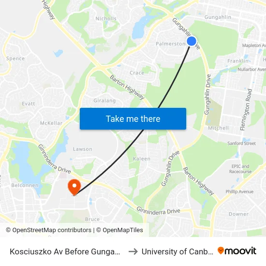 Kosciuszko Av Before Gungahlin Dr to University of Canberra map