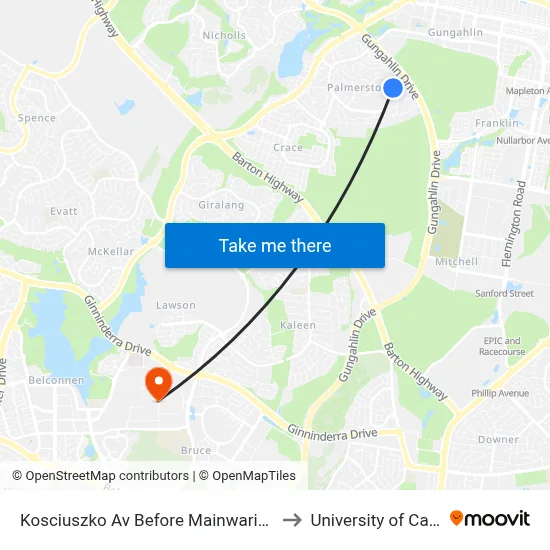 Kosciuszko Av Before Mainwaring Rich Cct to University of Canberra map