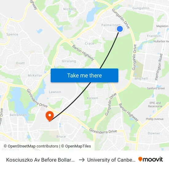 Kosciuszko Av Before Bollard St to University of Canberra map