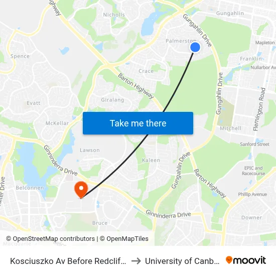 Kosciuszko Av Before Redcliffe St to University of Canberra map