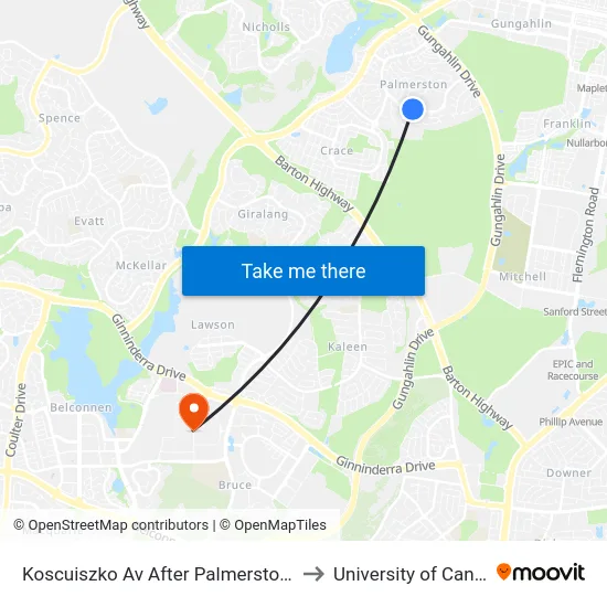 Koscuiszko Av After Palmerston Shops to University of Canberra map