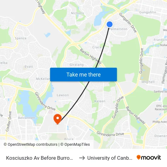 Kosciuszko Av Before Burrowa St to University of Canberra map