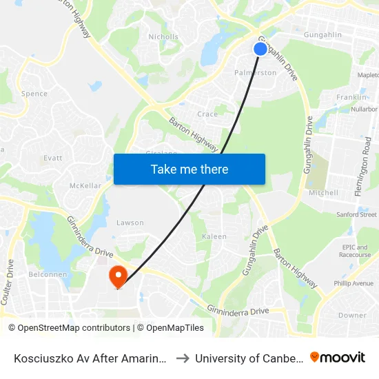 Kosciuszko Av After Amarina St to University of Canberra map