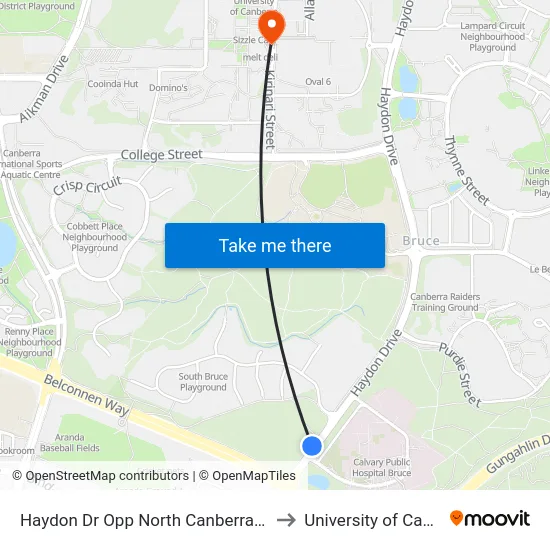 Haydon Dr Opp North Canberra Hospital to University of Canberra map
