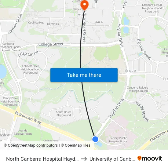 North Canberra Hospital Haydon Dr to University of Canberra map