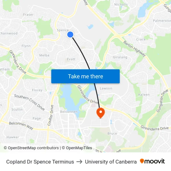 Copland Dr Spence Terminus to University of Canberra map