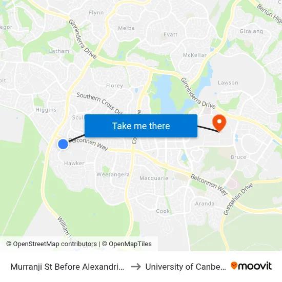Murranji St Before Alexandria St to University of Canberra map