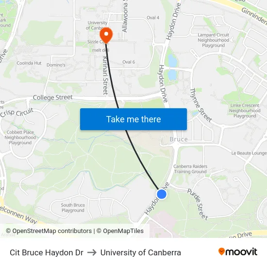 Cit Bruce Haydon Dr to University of Canberra map