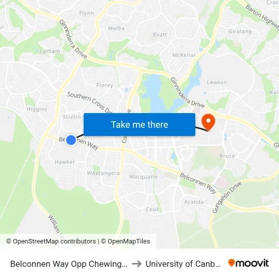 Belconnen Way Opp Chewings St to University of Canberra map