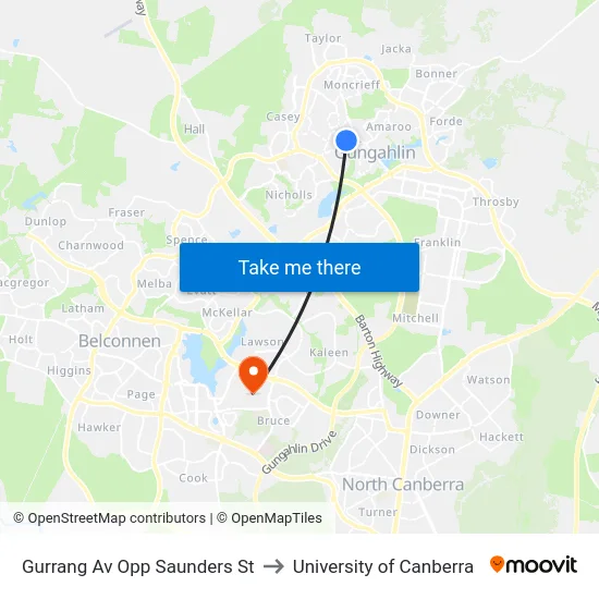Gurrang Av Opp Saunders St to University of Canberra map