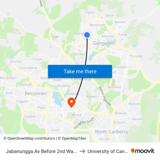 Jabanungga Av Before 2nd Warabin Cr to University of Canberra map