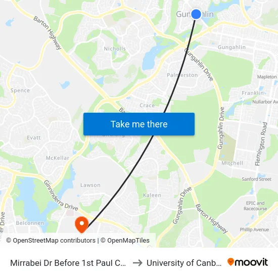 Mirrabei Dr Before 1st Paul Coe Cr to University of Canberra map